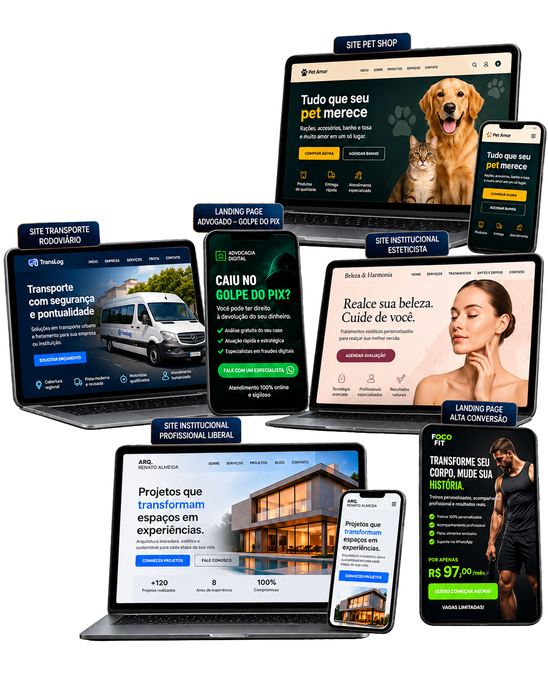 Mockups ilustrativos de sites e landing pages em computadores e celulares